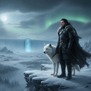 jon snow with a white wolf