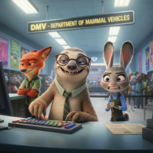 A wide shot of the Department of Mammal Vehicles (DMV) with a long line of impatient animals waiting behind Judy Hopps. Flash, the sloth employee, is seen moving incredibly slowly behind the counter, forcing Judy to wait in bureaucratic agony.