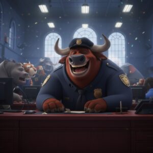 A zoomed-in image of Chief Bogo, the large Cape buffalo in his ZPD uniform, sitting behind his imposing wooden desk in the police precinct. Despite his serious and massive appearance, he is shown with a slight, uncharacteristic smile or happy expression.