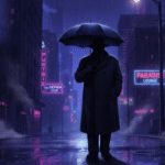A moody, cinematic digital illustration of a rain-slicked city street at night, noir style, with a lone silhouette of a heavy-set man in a trench coat holding an umbrella, purple and dark blue color palette, dramatic lighting.