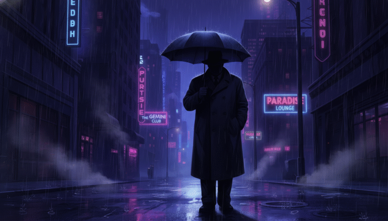 A moody, cinematic digital illustration of a rain-slicked city street at night, noir style, with a lone silhouette of a heavy-set man in a trench coat holding an umbrella, purple and dark blue color palette, dramatic lighting.