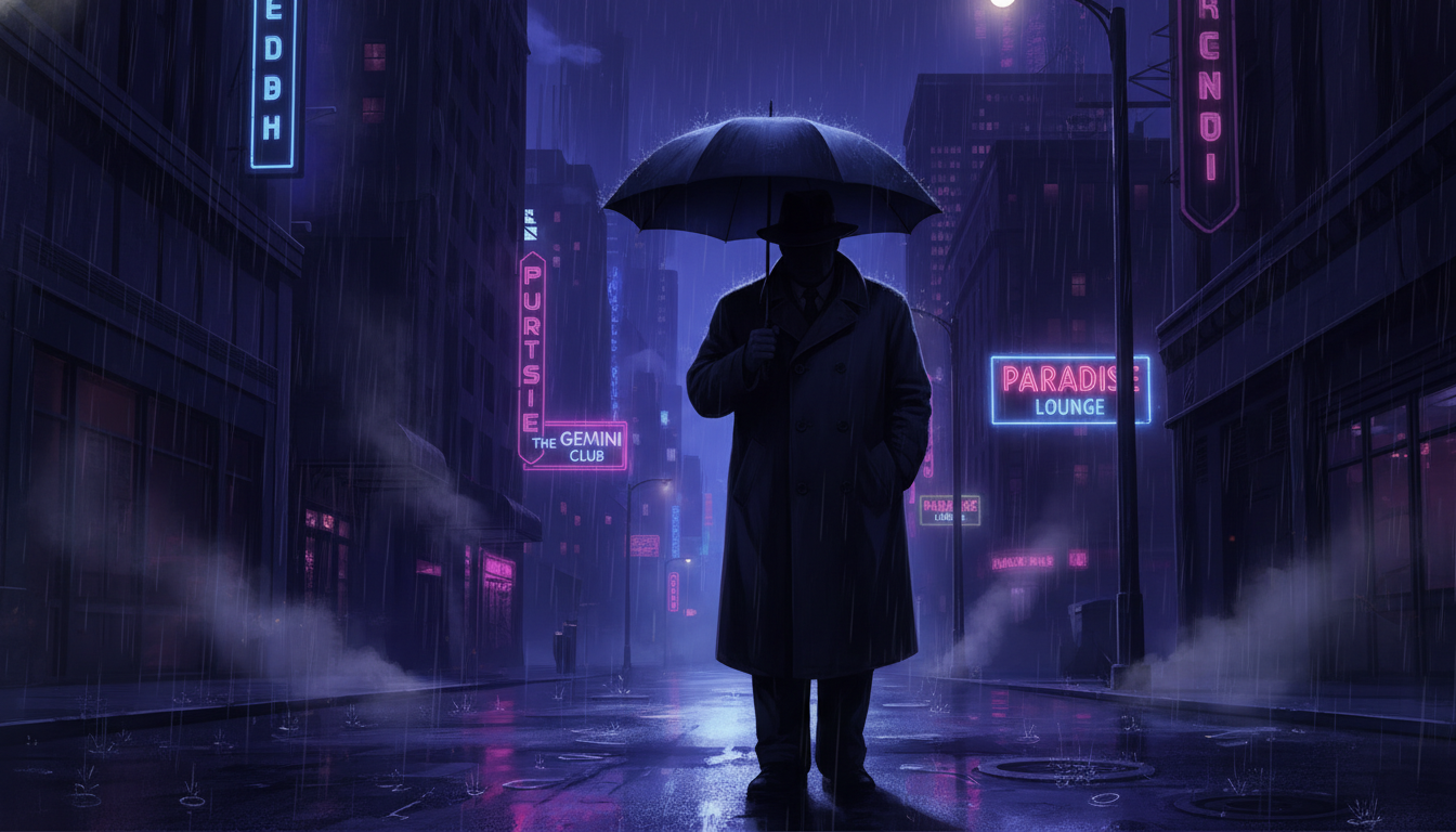 A moody, cinematic digital illustration of a rain-slicked city street at night, noir style, with a lone silhouette of a heavy-set man in a trench coat holding an umbrella, purple and dark blue color palette, dramatic lighting.